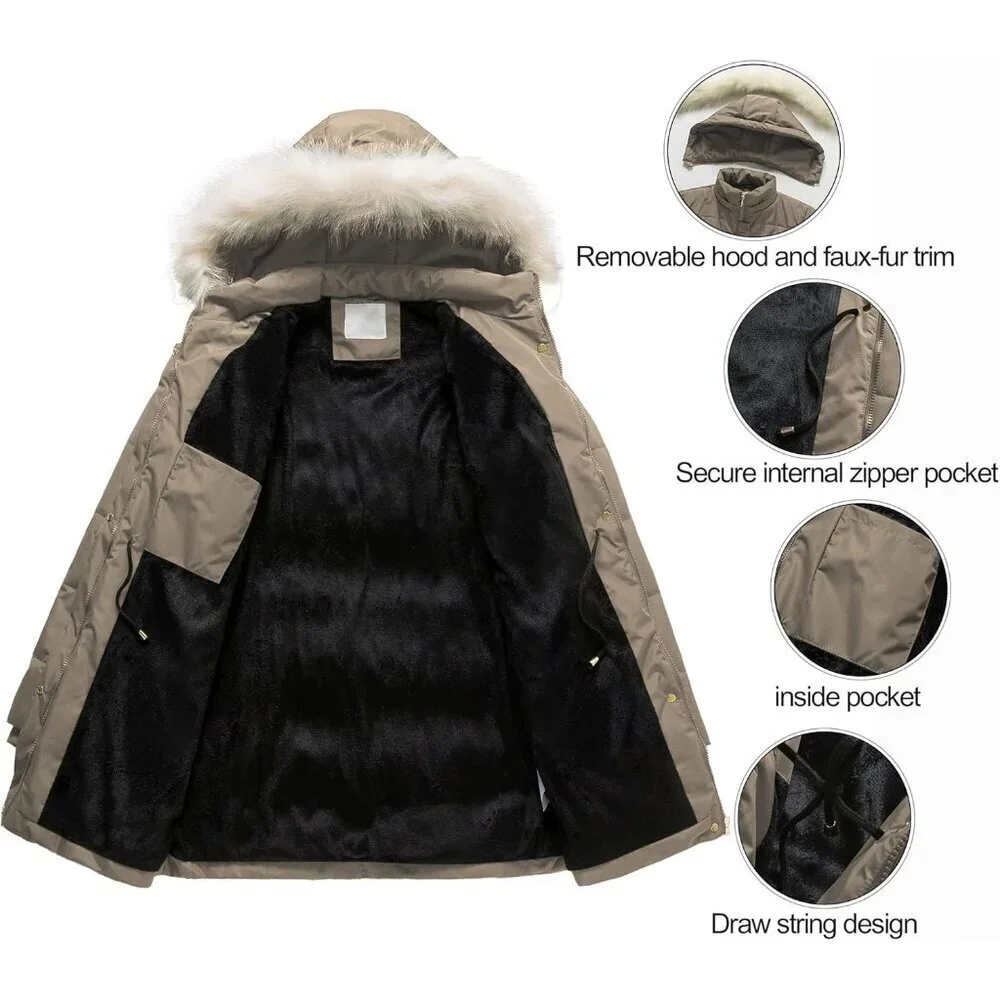 Women's Khaki Winter Warm Long Drawstring Waterproof Snow Puffer Jacket